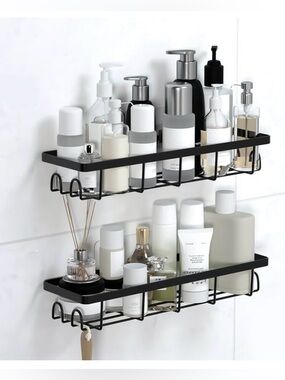 Black Wall-Mounted Bathroom Shower Shelf - Matte Black Organizer NWT